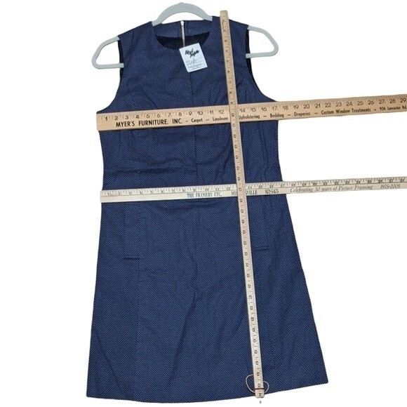 Micro polka dot shift dress navy, white pockets, exposed zipper snap 6 - Picture 4 of 7
